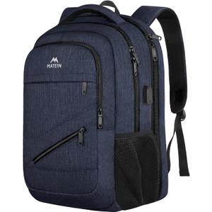 MATEIN 17 inch Laptop Backpack, Large Travel Backpack Carry On TSA Approved with Trolley Sleeve, Computer Work Bag with USB Charging Port, Water Resistant Daypack for College, Dark Blue
