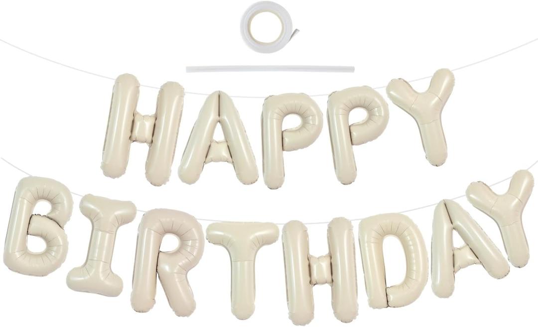 TONIFUL Cream White Happy Birthday Balloons Banner, 16 Inch Mylar Foil Letters Sign Bunting Reusable for Girls Boys Kids & Adults Decorations and Party Supplies