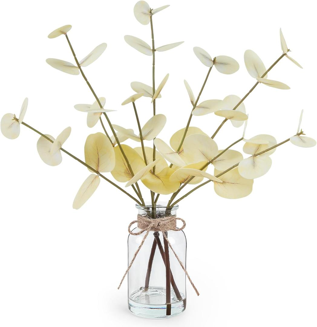 Artificial Eucalyptus Stems in Glass Vase with Faux Water, 14" Fake Plants for Home Decor, Coffee Table Centerpieces, Office, Bathroom & Farmhouse Weddings - Faux Plants Decorations (Beige)