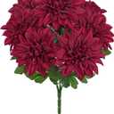 Hollyone Dark Red Artificial Dahlia Flowers Bush 7 Heads Silk Fake Dahlias Flowers with Stems Wedding Bouquets Faux Dahlia Flowers Arrangements for Outdoor Indoor DIY Table Centerpieces Home Decor