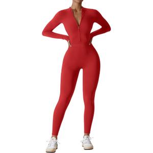 YEOREO Women Long Sleeve Workout Jumpsuit Zip Up Romper Bottom Pants Bodysuit Bodycon Sexy One Piece (Red, L)