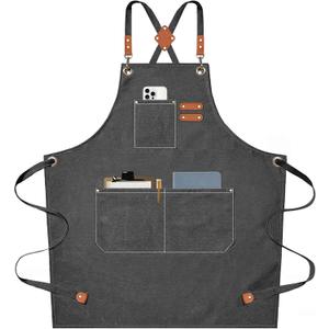 AFUN Chef Aprons for Men Women with Large Pockets, Cotton Canvas Cross Back Heavy Duty Adjustable Work Apron, Size M to XXL(Grey)