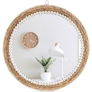 AoduCamy 18 Inch Boho Wall Mounted Mirror,Decorative Round Rattan Hanging Wall Mirror，Suitable for Farmhouse, Living Room, Bedroom and Bathroom