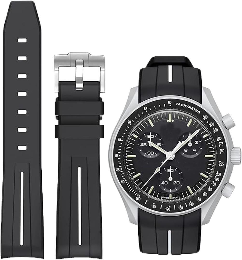 Rubber Strap for Moonswatch Watch,Curved No Gap,Premium Soft Durable Silicone Rubber Band Compatible with Omega x Swatch MoonSwatch Speedmaster 20mm Replacement Band Strap for Men Women (Black white line)