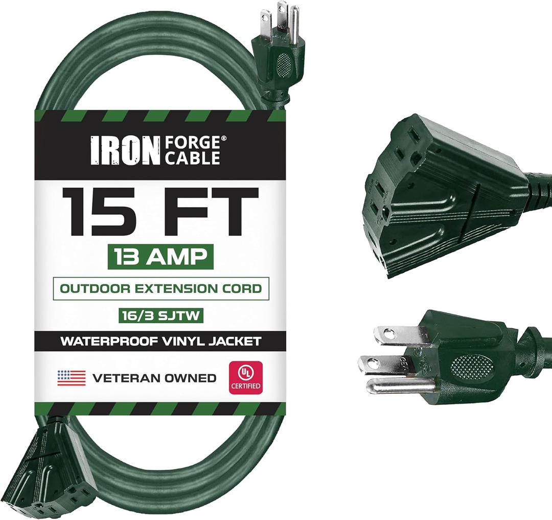 15  Ft Gauge Green Outdoor Extension Cord, UL Listed Medium Duty 3-Prong Power Cable for Indoor/Outdoor Holiday and Yard Use