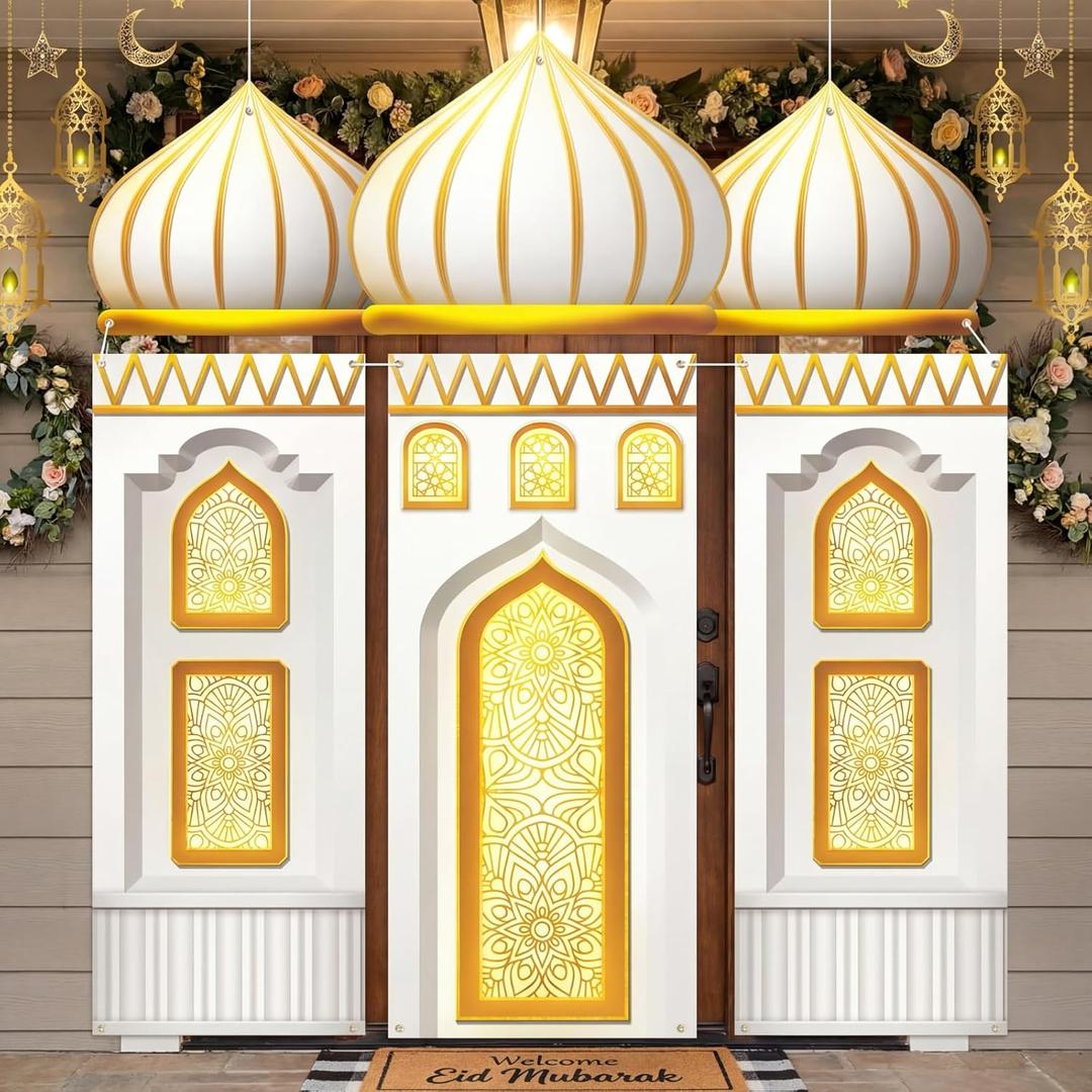 Marsui 4 Pcs Eid Mubarak Banners Ramadan Mubarak Door Decoration Eid Hanging Muslim Porch Sign Ramadan Decorations for Home Gold Banner for Backdrop Party Wall D