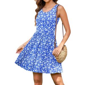 AUSELILY Womens Summer Dress Casual Sleeveless Crewneck T Shirt Sundress Flowy Tiered Swing Mini Dresses (Blue, XL)