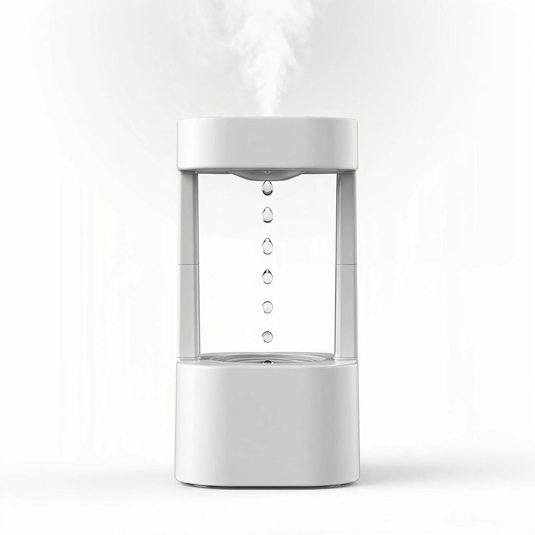 Anti Gravity Humidifier, Levitating Desk Fountain with 7-Color Mood Light & Raindrop Water Effect, 3-in-1 Mini Indoor Water Feature for Home Office Bedroom, White
