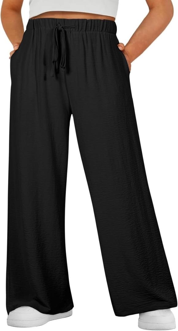 Eytino Womens Plus Size Pants Summer Elastic High Waist Drawstring Casual Loose Wide Leg Trousers Pants with Pockets (Black, 1X-5X)
