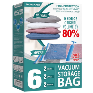 6 Pack Vacuum Storage Bags with Hand Pump, 80% Space Saver Vacuum Seal Storage Bags for Clothing, Travel Lugggage, Blankets, Comforters