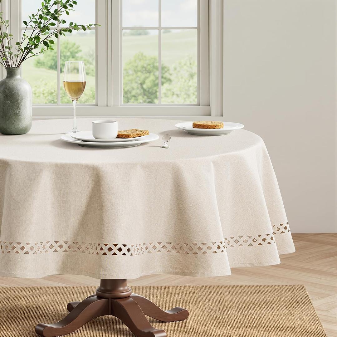 MIULEE Beige Round Linen Polyester Tablecloth with Decorative Cutouts Spring Waterproof Stain Resistant & Shrink-Proof Table Cloth 60x60 inch Farmhouse Style for Dining Wedding and Outdoor