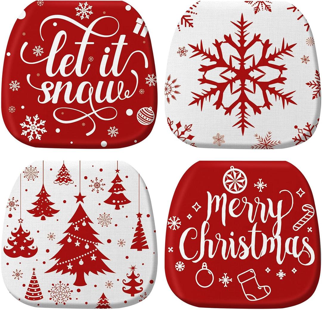 Barydat 4 Pcs Christmas Chair Cushions with Ties for Dining Chairs 16'' x 16'' Memory Foam Chair Pad Non Slip Seat Cushion with Washable Cover for Patio Kitchen Indoor Outdoor (Red)