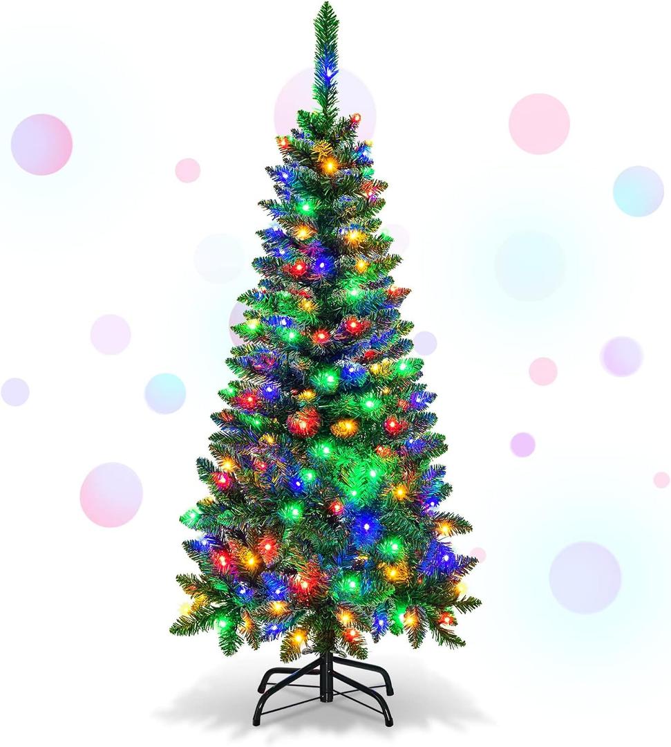 4.5ft Pre-Lit Artificial Pencil Christmas Tree, 150 Multi-Colored LED Lights, 226 PVC Branch Tips, Quick Setup, Hinged Xmas Tree for Home Office Carnival Festival Decoration, (CM22073)
