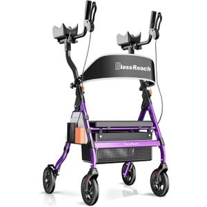 BlessReach Heavy Duty Upright Rollator Walker for Seniors with Seat, 450lb Capacity, 8" All-Terrain Wheels, 6 Height Adjustments, Padded Seat & Backrest, Easy Assembly, Foldable Design, Purple