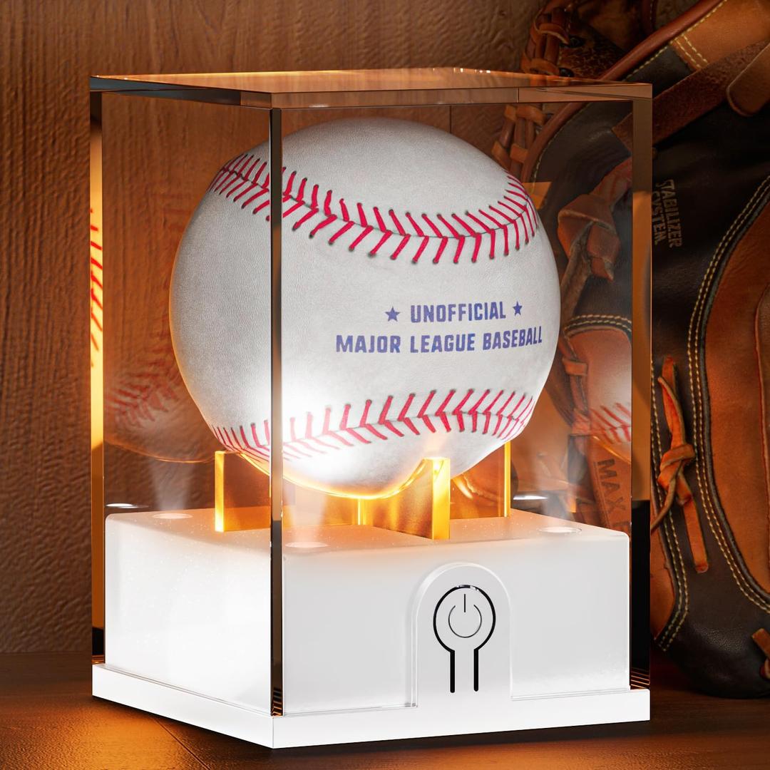 Acrylic Baseball Display Case with LED Light, UV Protected Holder for Memorabilia (White)