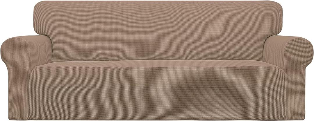 Easy-Going Stretch Sofa Slipcover 1-Piece Sofa Cover Furniture Protector Couch Soft with Elastic Bottom for Kids, Polyester Spandex Jacquard Fabric Small Checks (Sofa, Camel)