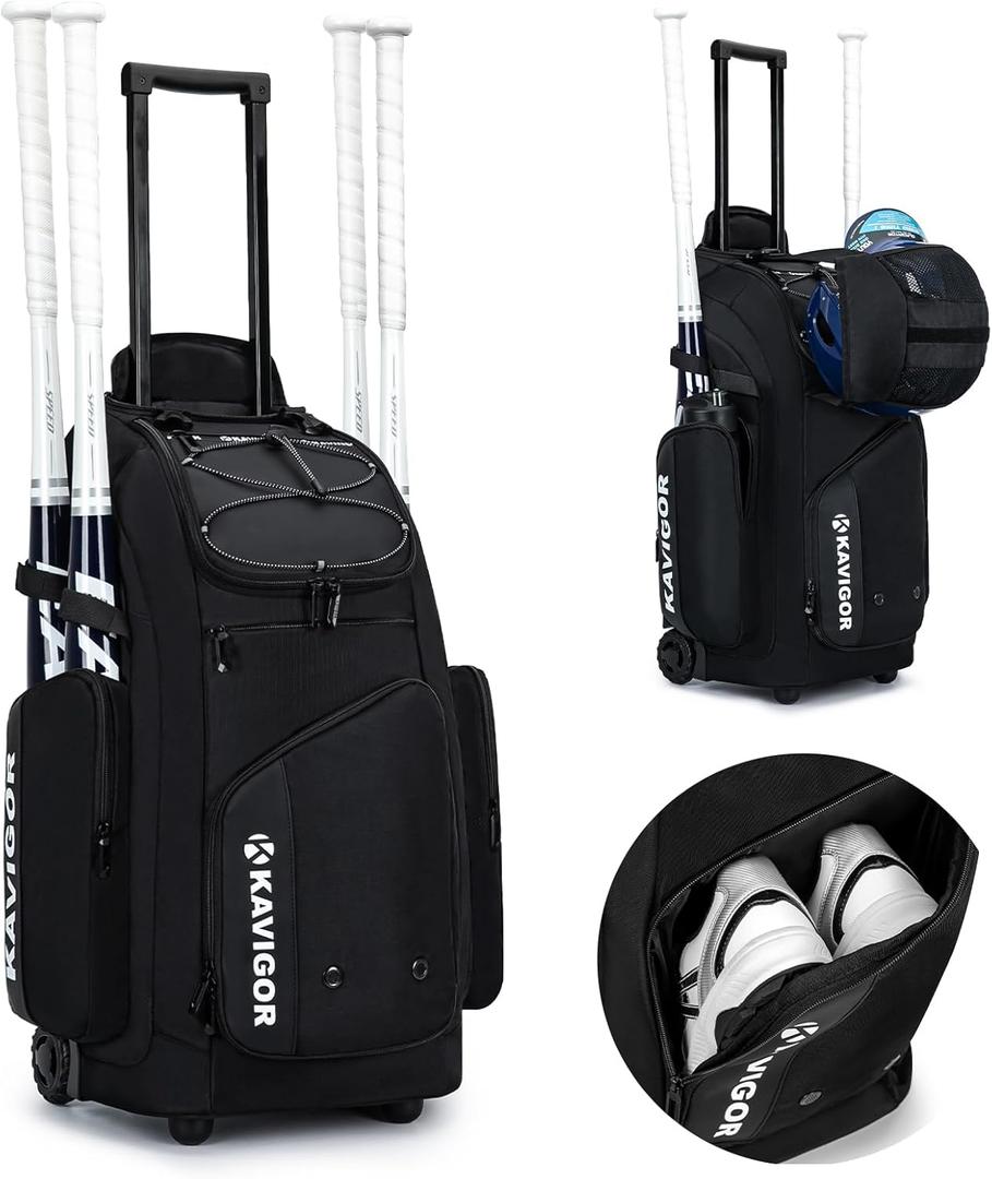 KAVIGOR Rolling Baseball Bag with Wheels, 60L Capacity Softball Bag Holds 4 Bats for Boys and Girls, Youth Equipment Bag with Shoe Compartment