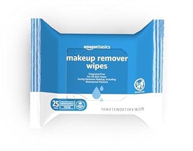 Amazon Basics Makeup Remover Wipes, Gentle Cleansing, Dermatologist Tested, Night Calming, Plant Based, Removes Waterproof Mascara, 25 Count Per Pack, Pack of 1
