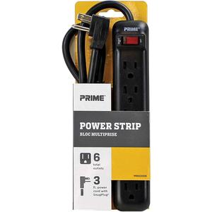 Prime Wire & Cable PB922009 6-Outlet Power Strip with Right Angle Plug and 14-3 SJT 3-Feet Cord,Black
