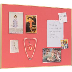 Lightomorrow Bulletin Board 23.6 x 17.7 inches, Coral Red Pin Board, Golden Aluminum Framed Fabric Cork Board with 10 Push Pins