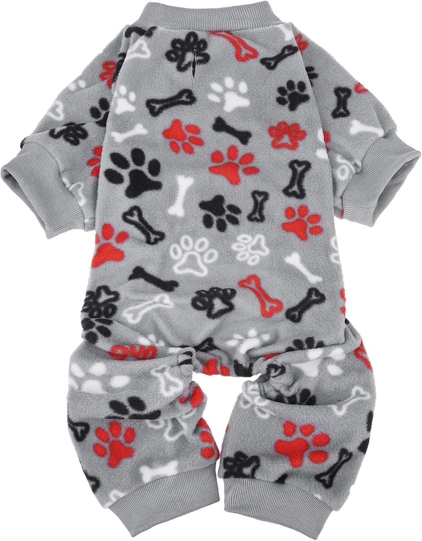 SCENEREAL Fleece Dog Pajamas for Dogs, Warm Soft Puppy Jumpsuit, Adorable Bones Paw Print Pet Sweaters Clothes, Doggy Pjs Cat Coat for Boy Girl, Large