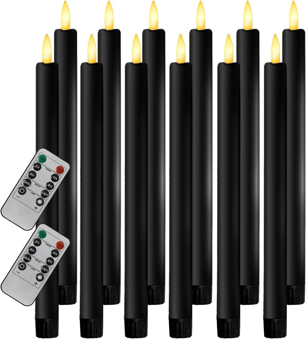12PCS Flameless Taper Candles with 3D Flickering Flame Battery Operated Candles with 2 Remote with Button Cell Battery 10 Inch Black LED Candlesticks Window Candle for Christmas Home Decor