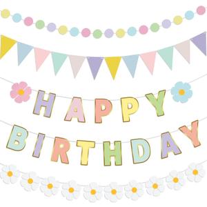 5 Pcs Macaron Daisy Birthday Party Bunting Banner, Pastel Birthday Decorations Pennant Banners Daisy Party Backdrop Supplies