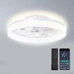 19.7 inch Low Profile Ceiling Fan with Lights and Remote, Fandelier Dimmable Ceiling Fan Flush Mount, 3000K-6500K Bladeless LED Fan Light for Bedroom,Dining Room and Kitchen (White, 1 Pack)