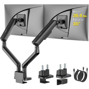 monTEK Mechanical Spring Dual Monitor Arm with USB for 27 32 34inch Screens | Black, Built-in One-Way Bearing, Holds 26.4 lbs, VESA 75/100mm, C-Clamp/Grommet Base & Cable Management, Office, Home, Game