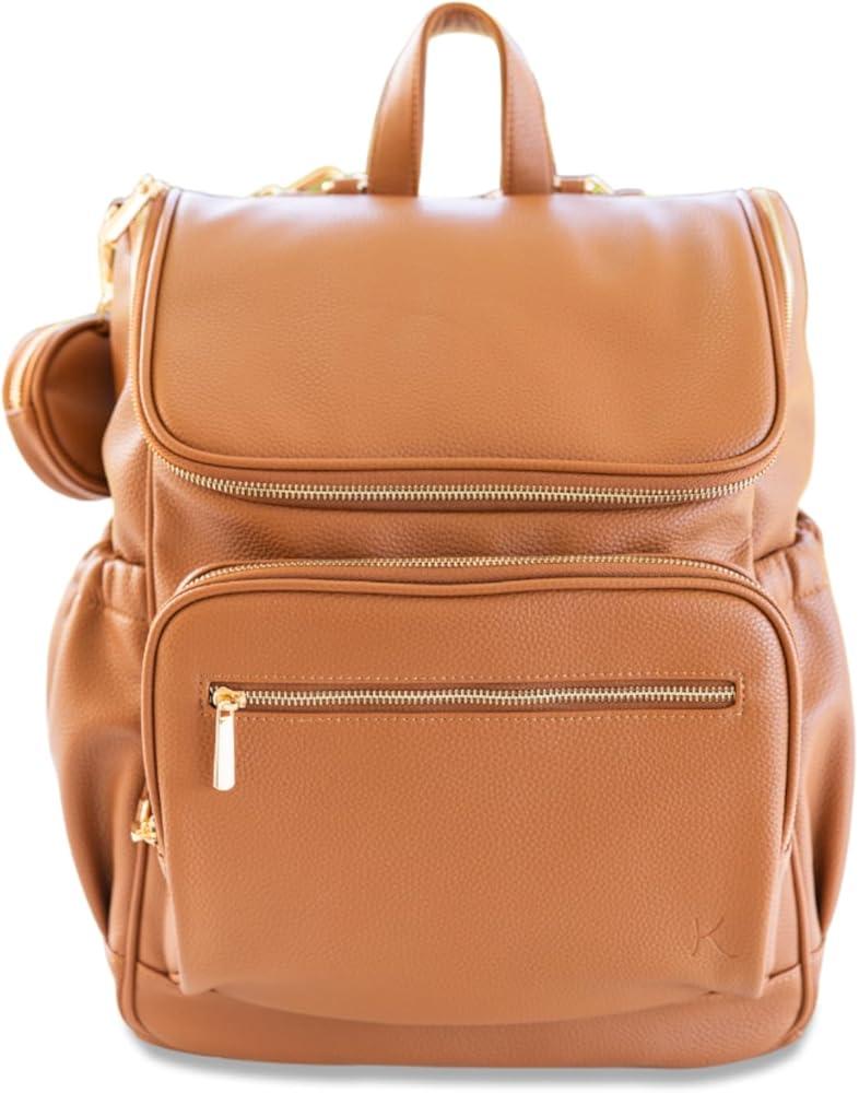 Leather Diaper Bag Backpack, Multi-Function, Anti-Theft, Waterproof, with Changing Pad, Stroller Straps, Pacifier Case, Light Brown Vegan Leather