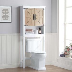 Spirich Over The Toilet Storage Cabinet, Farmhouse Over Toilet Bathroom Organizer with Wood Grain Barn Doors and Adjustable Shelves, White