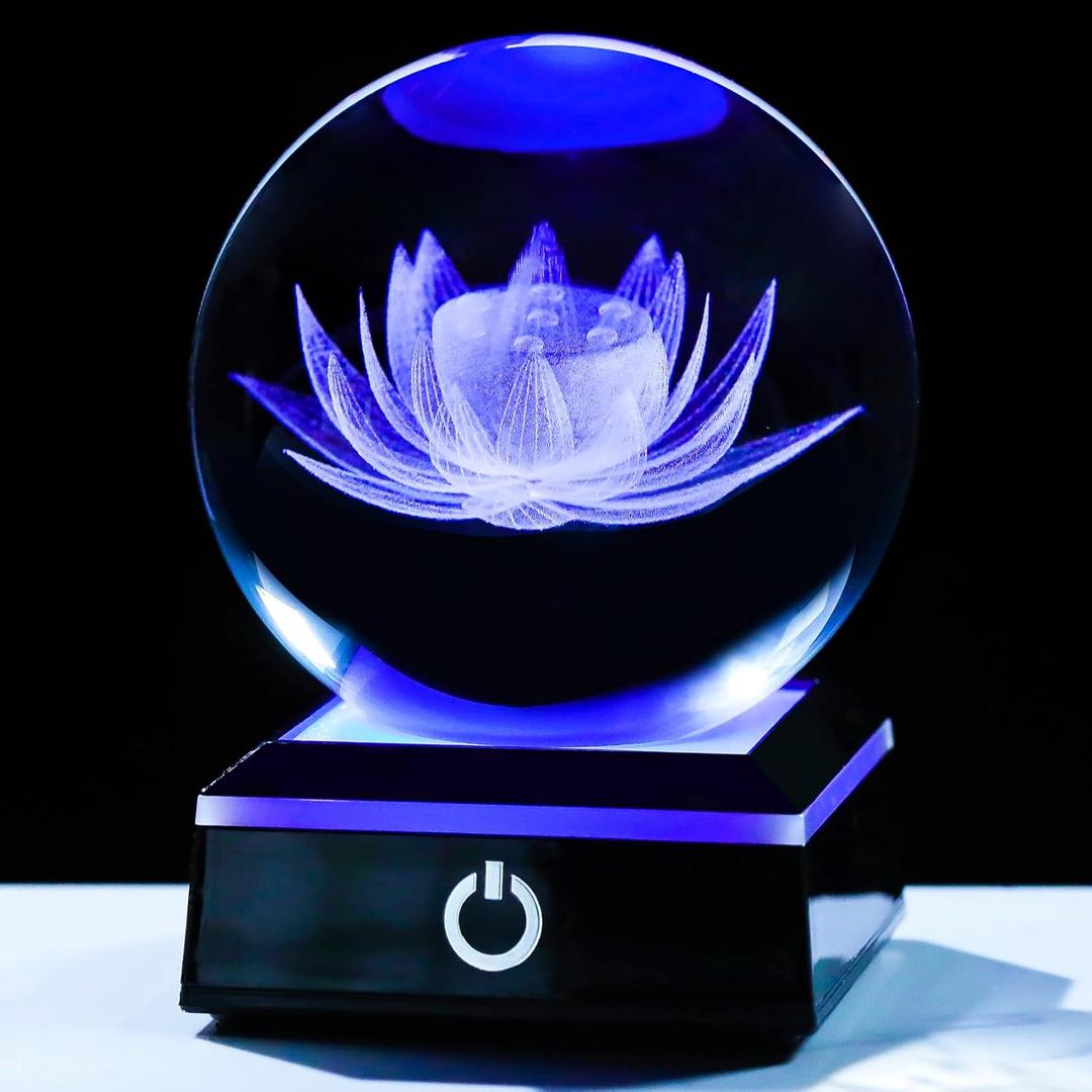 YWHL 80mm 3D Engraving Crystal Lotus Flower Figurine Ball with Light Base, Glass Lotus Flower Gifts for Women for Birthday Decorative Glass Ball Paperweight