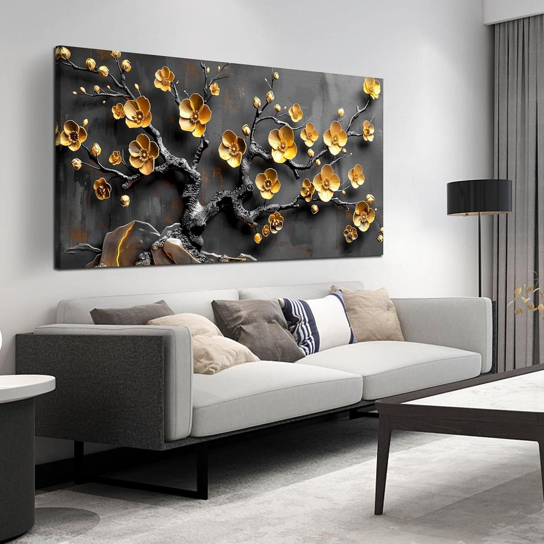 Large Canvas Wall Art for Living Room Bedroom Home Office Grey and Gold Metal Color Plum Blossom Picture Modern Canvas Prints Framed Wall Decor Size 29x59