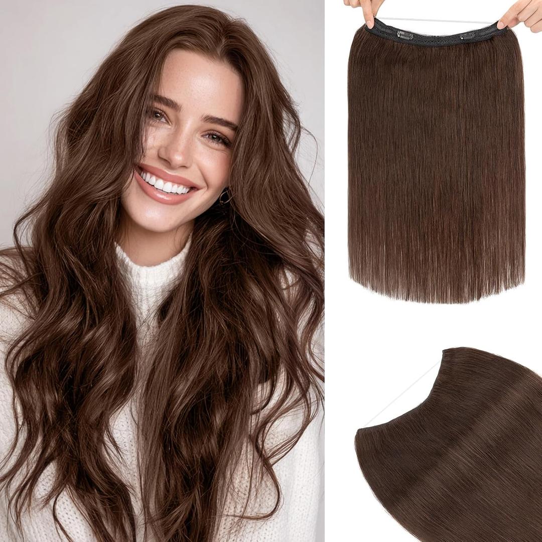 TESS Halo Hair Extensions Real Human Hair Remy Hair 16 Inch Straight Adjustable Invisible Wire Easy to Use Clip in, Dark Brown