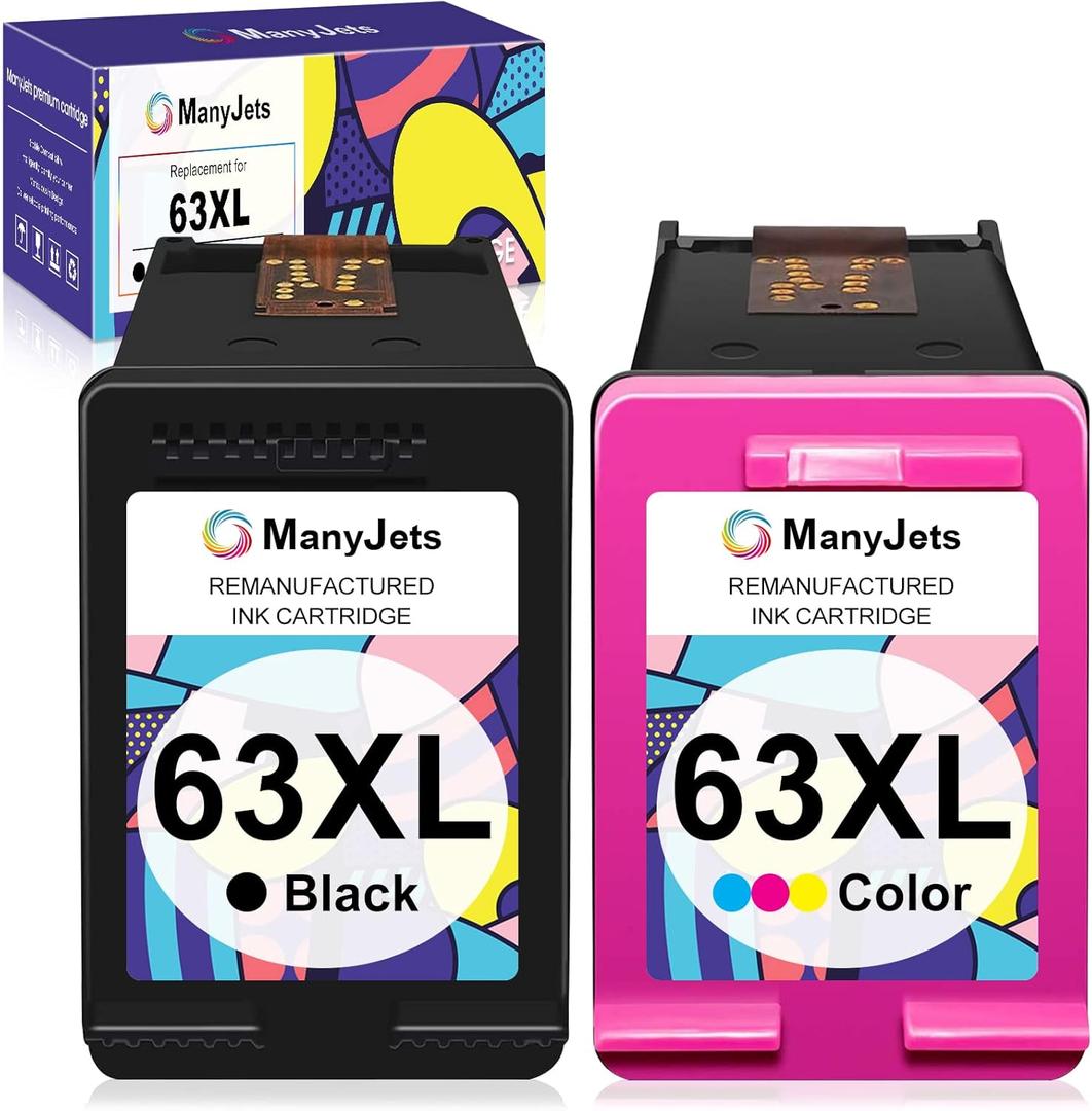 Remanufactured 63XL Ink Cartridges Replacement for HP 63 XL Black and Color Combo Pack for HP Officejet 3830 4650 5255 5258 5212 Deskjet 3630 1112 2130 Envy 4520 4510 (1 Black,1 Tri-Color)