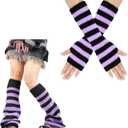 Womens Striped Leg Warmers & Arm Warmers Set  Knitted Y2K Goth Harajuku Style Accessories for Cosplay (Purple and Black)