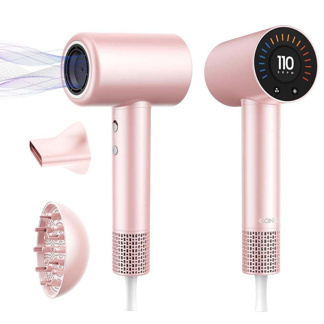 CONFU Hair Dryer, 110000 RPM Fast Drying Blow Dryer with Magnetic Diffuser and Concentrator, Professional Lightweight Ionic Hair Dryer for Women and Men (Pink)