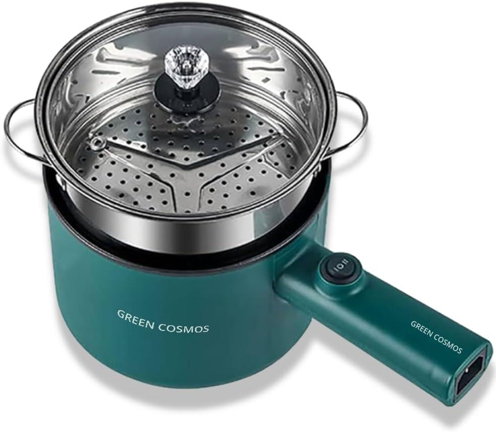 Green Hot Pot Electric with Steamer, Multi-function Cooker, 1.8L Noodle cooker Non-Stick Frying Pan, Electric Pot for Pasta with Adjustable Temprature Control, Over-Heating & Boil Dry Protection