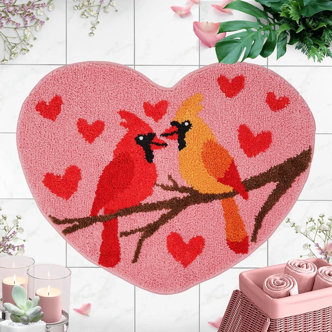 Valentines Day Cardinal Bathroom Rug Pink Heart Bath Mat Valentines Bathroom Decor Rugs 25.6 x 20.2 Inch for Tub Home Living Room
