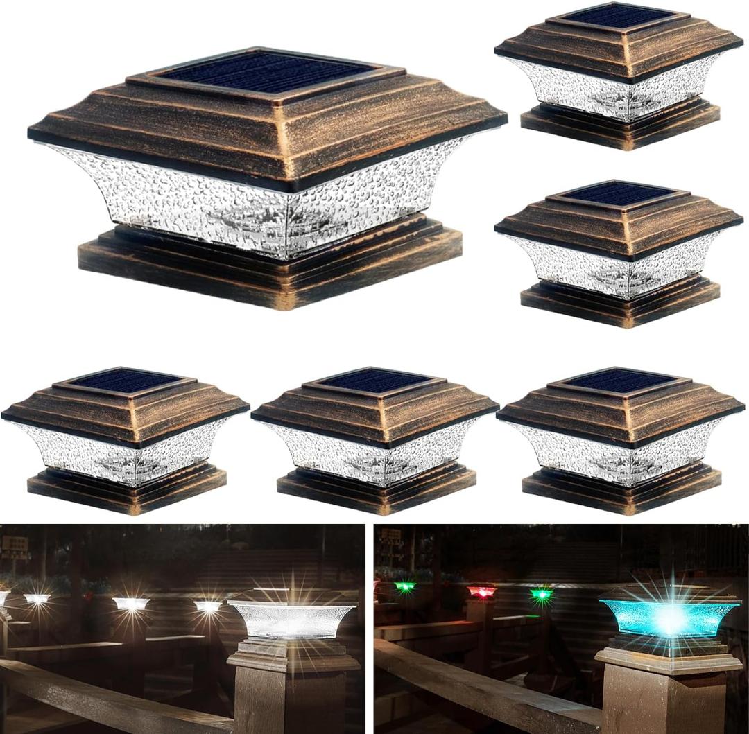 HUYIENO Solar Post Cap Lights Outdoor LED Lighting Deck Fence Two Modes Warm White/7 RGB Color Changing Suitable for 4x4 5x5 Wooden Brushed Copper 6pk.