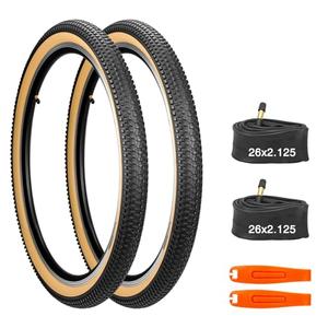MAKELEN 2 Tires and 2 Tubes Mountain Bike Tire 26 Inch Strong Grip Compatible Replacement Bicycle Tire for MTB Mountain Bicycle City Bike Brown Side Wall