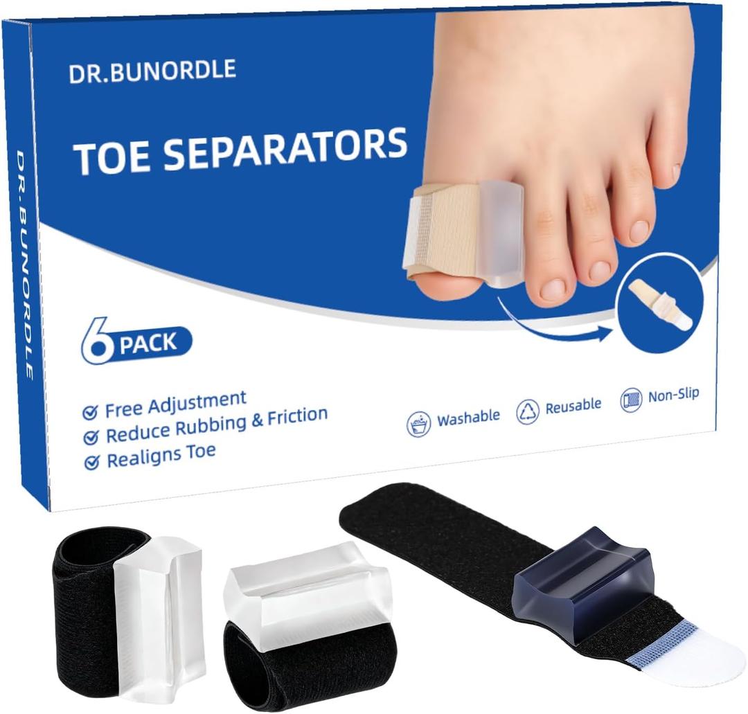 Hook&Loop Adjustable Toe Separators - Breathable Bunion Corrector for Men, Women & Tailors, Silicone Toe Spacers for Restoring Overlapping Toes & Hammertoe Straightener, No Curling - Black(6PCS)