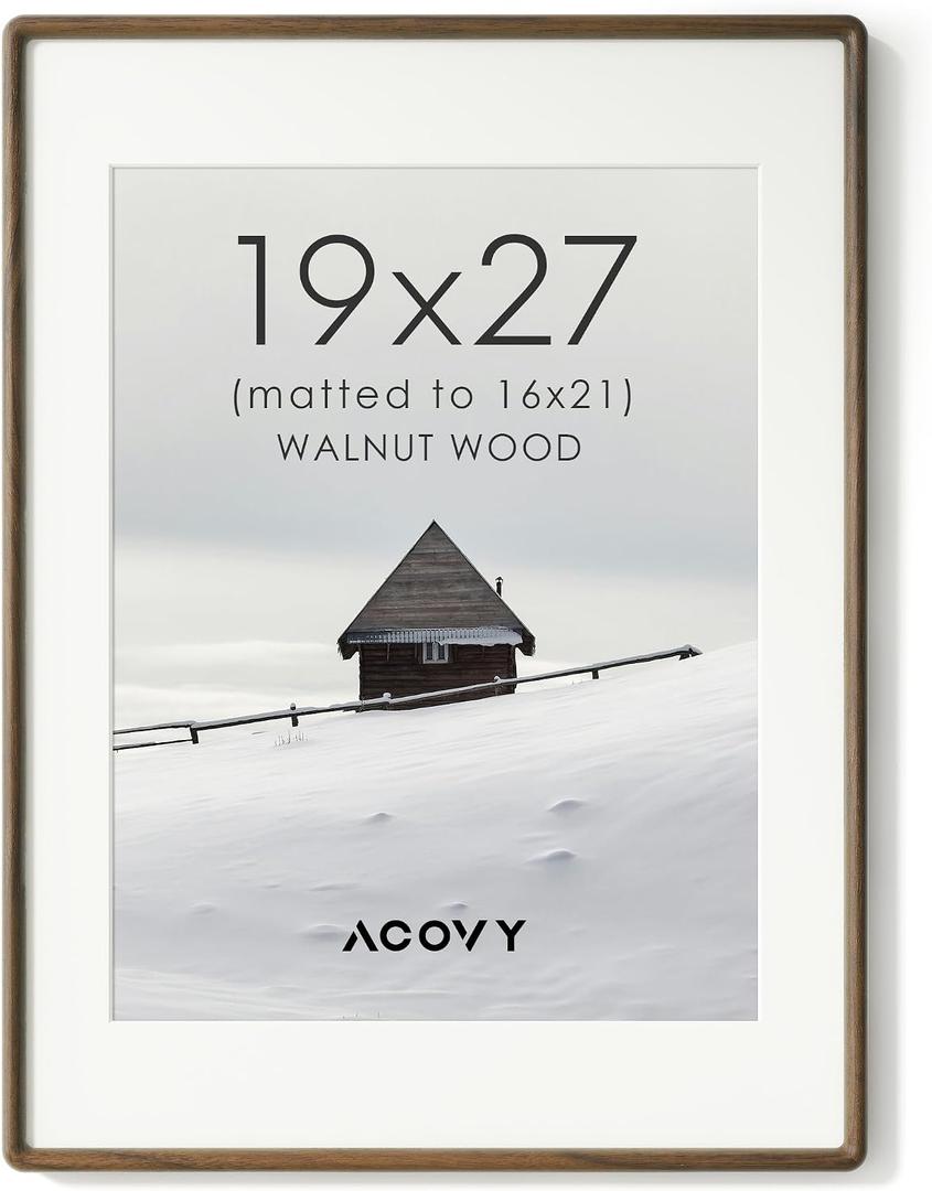 19x27 Picture Frame, Natural Solid Walnut Wood Photo Collage Frame with HD Tempered Glass, Rounded Corner Wooden Frame 19 x 27 Matted to 16x21, Gallery Wall Frames for Art, Wall or Tabletop Display