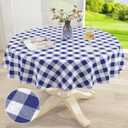 misaya Round Waterproof Vinyl Table Cloth, Buffalo Flannel Backed Tablecloth, Wipeable Plastic Table Cover for Dinner, Kitchen, Picnic (60", White and Navy)