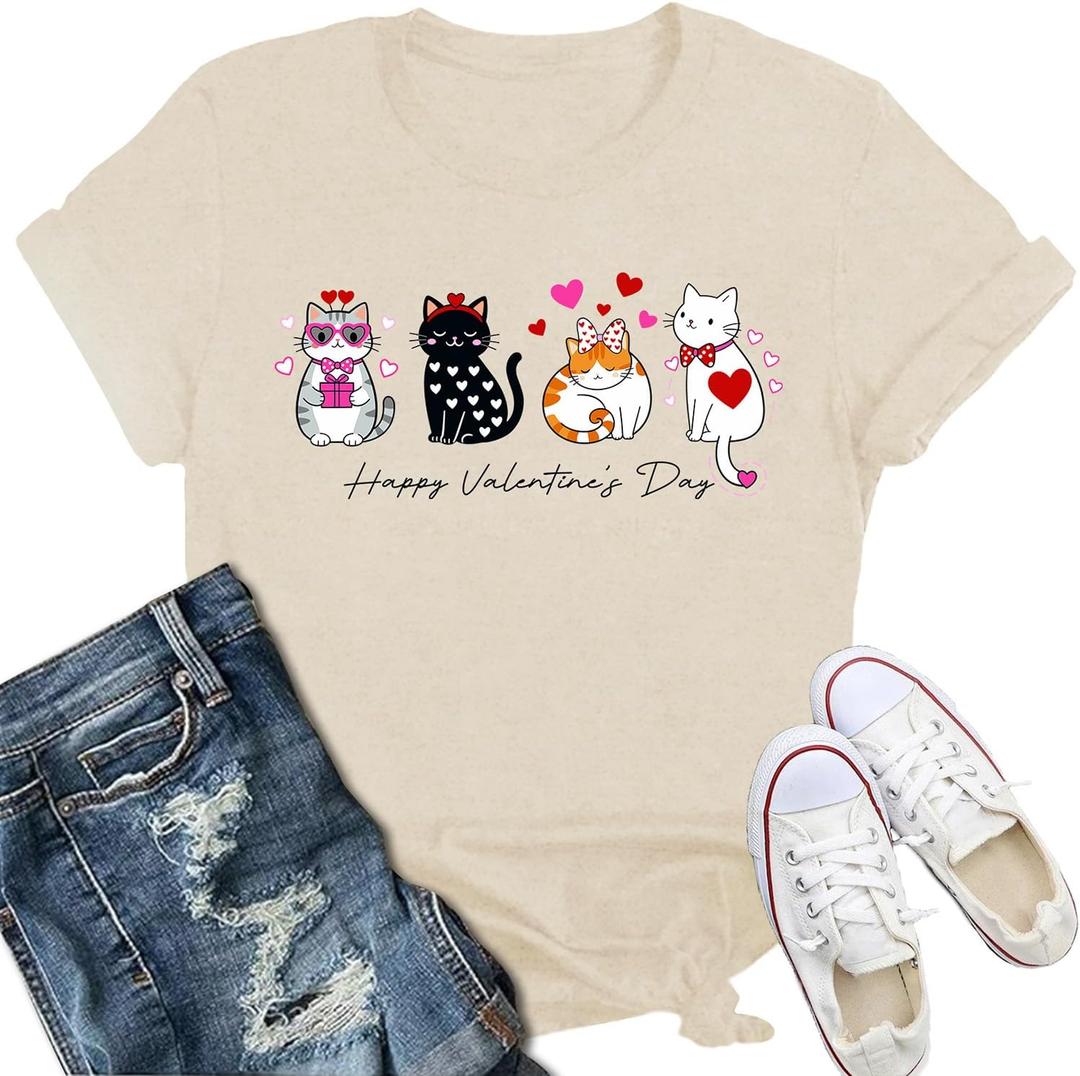 Valentines Day Shirts Women Cute Cat Pet Lover T-Shirt Love Heart Valentine Tee Tops (X-Large, Cream)