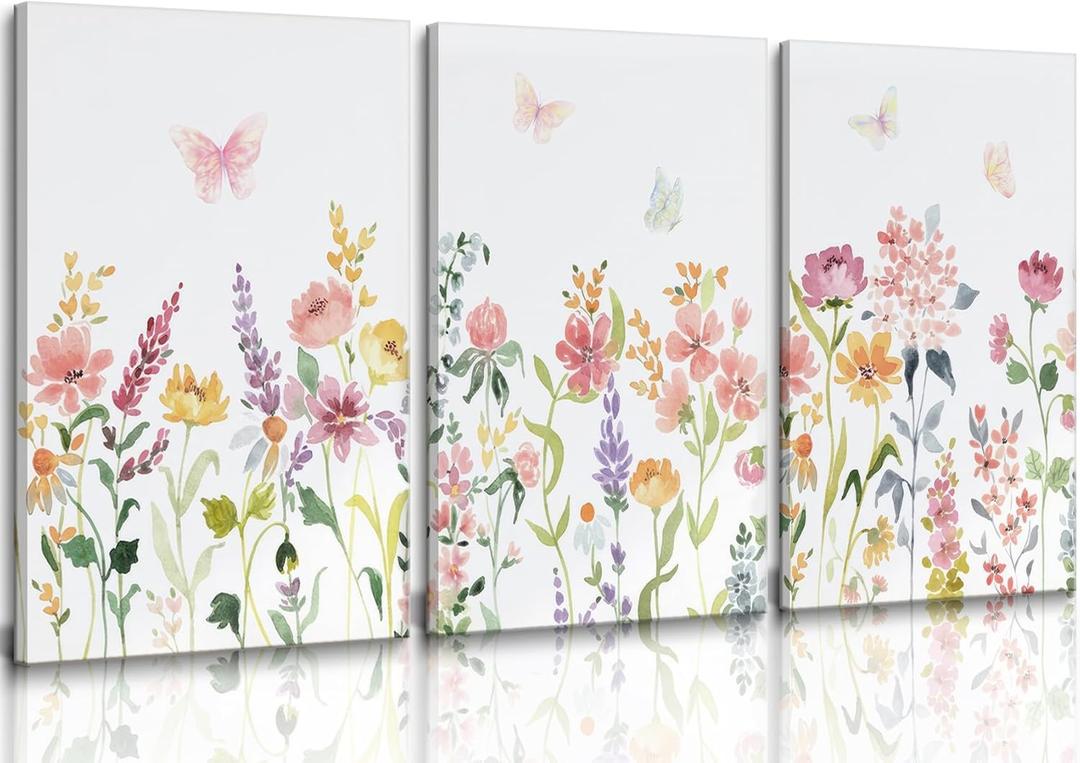 3pcs Framed Watercolors Flower Canvas Wall Art Colorful Nature Floral Wall Decor Pink Yellow Wildflower Poster Prints Pictures Farmhouse Botanical Artwork Ready To Hang for Living Room Bathroom (12"Wx16"H)