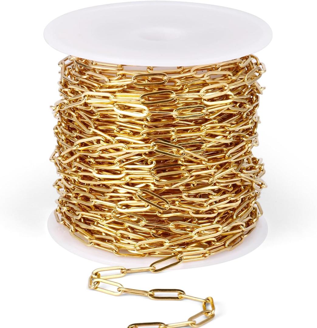 [33 Ft] Stainless Steel Paperclip Chains Roll, 2.5mm Width 18K Gold PVD Plated Stainless Steel Oval Link Chains Spool Bulk for Jewelry Making