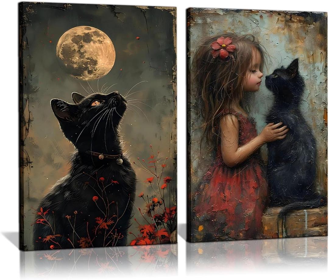 2Pcs Black Cats Preppy Canvas Wall Art Whimsical Gothic Cat Wall Decor Vintage Fun Cool Girls Mysterious Animal Posters Prints Cat Lovers Pictures Paintings Bedroom Living Room Dorm Decor 16x24 Inch