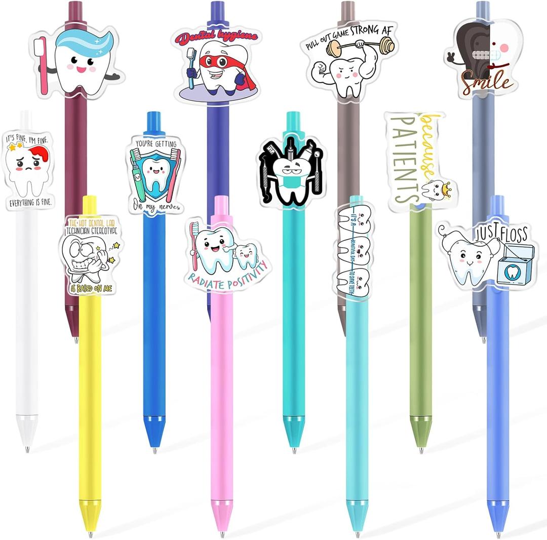 12 Pcs Funny Dental Pens Bulk Dentists Assistant Gifts Cute Tooth Decorative Pens Inspirational Gift for Nurse Doctor Medical Staffs Dentists Assistants Week