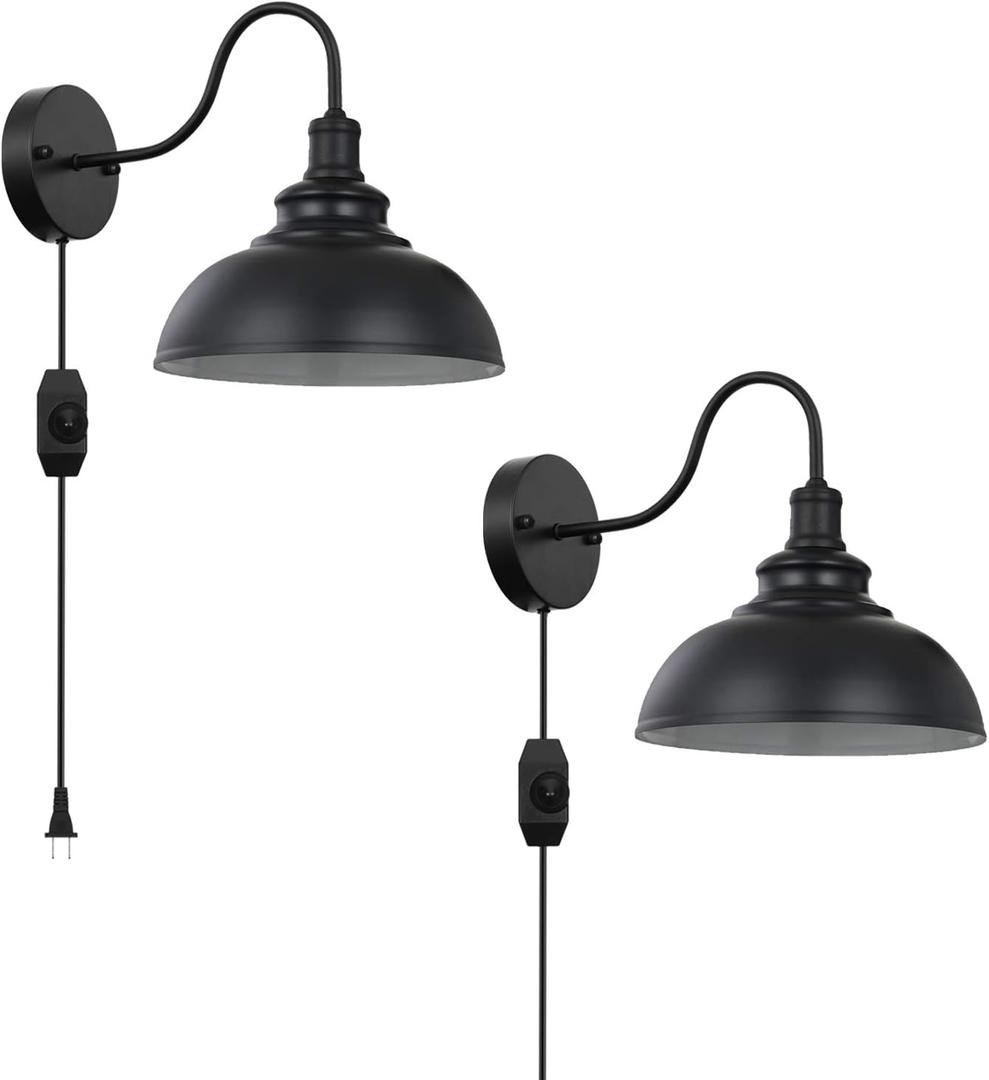 Black Gooseneck Industrial Wall Sconces E26 Base with Plug in Wall Lamp Dimmer Switch Vintage Style Wall Light Fixture for Farmhouse Bedroom Bedside Nightstand Headboard Porch Garage of 2 Set Packs (Medium Size 10.23 Inch 2 Pcs)